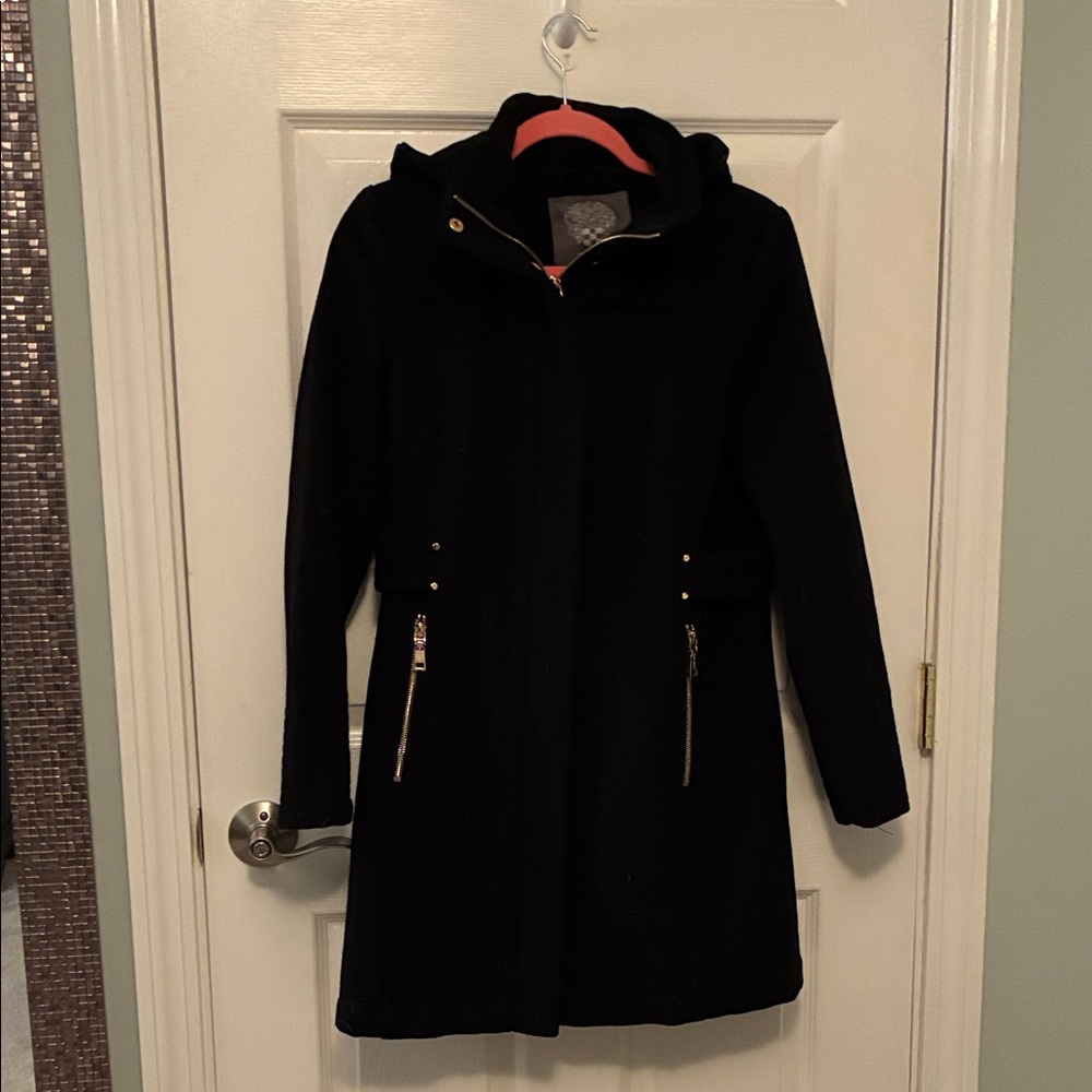 Vince Camuto Elegant Black Pea Coat with Gold Zippers